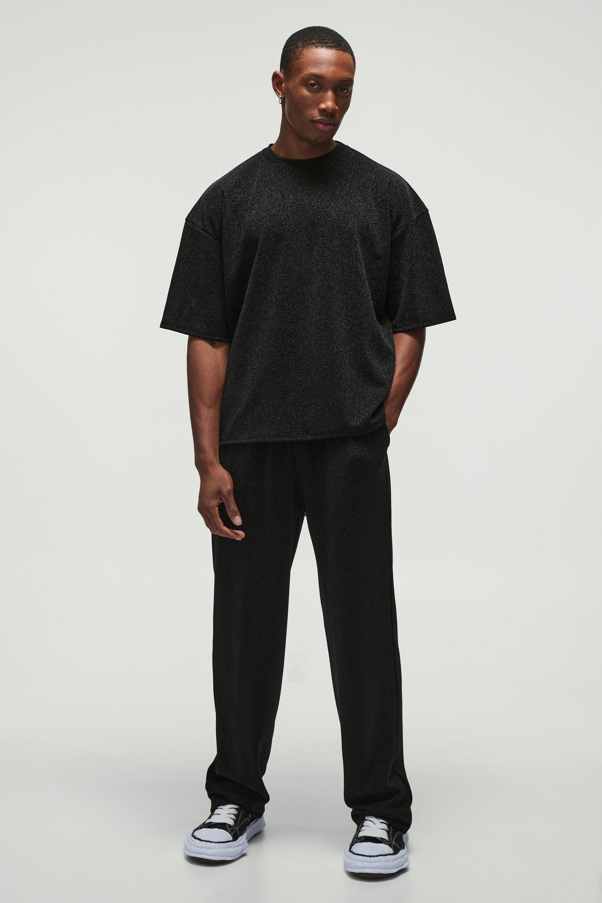 Oversized Metalic Boxy T-shirt & Elasticated Relaxed Metalic Pants Set | boohooMAN USA product image