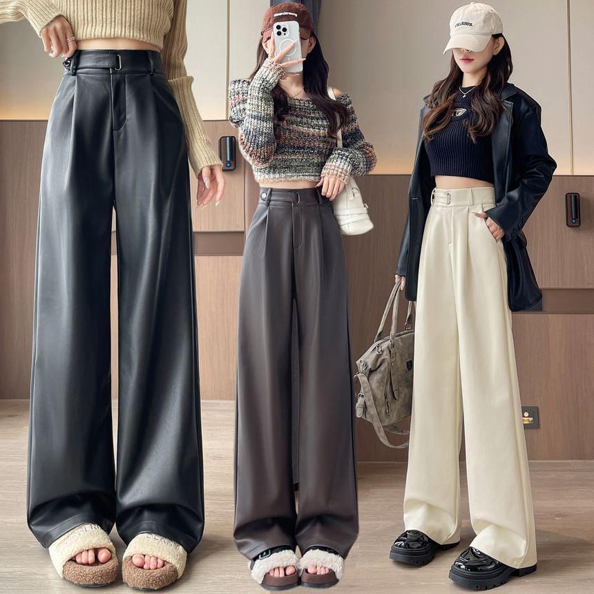 High Rise Faux Leather Wide Leg Pants (Various Designs) Product Image