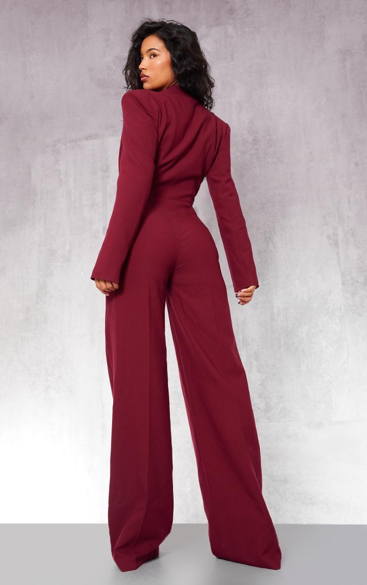 Burgundy Tailored Satin Lapel Straight Leg Jumpsuit Product Image