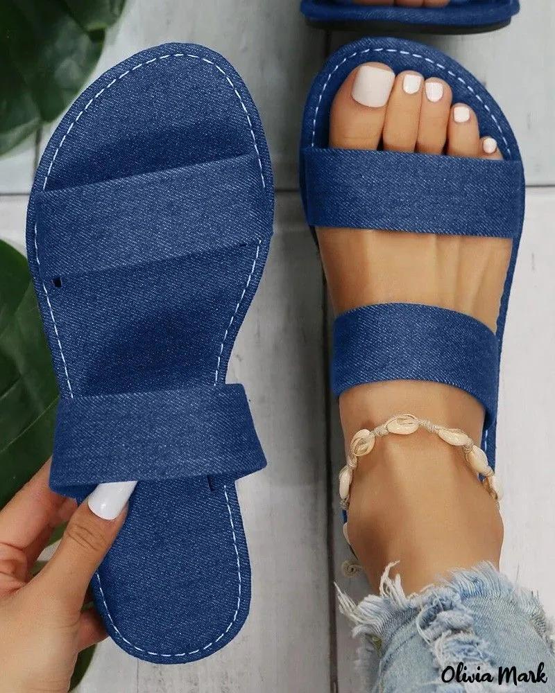 Olivia Mark – Double Strap Denim Print Summer Beach Slippers Product Image