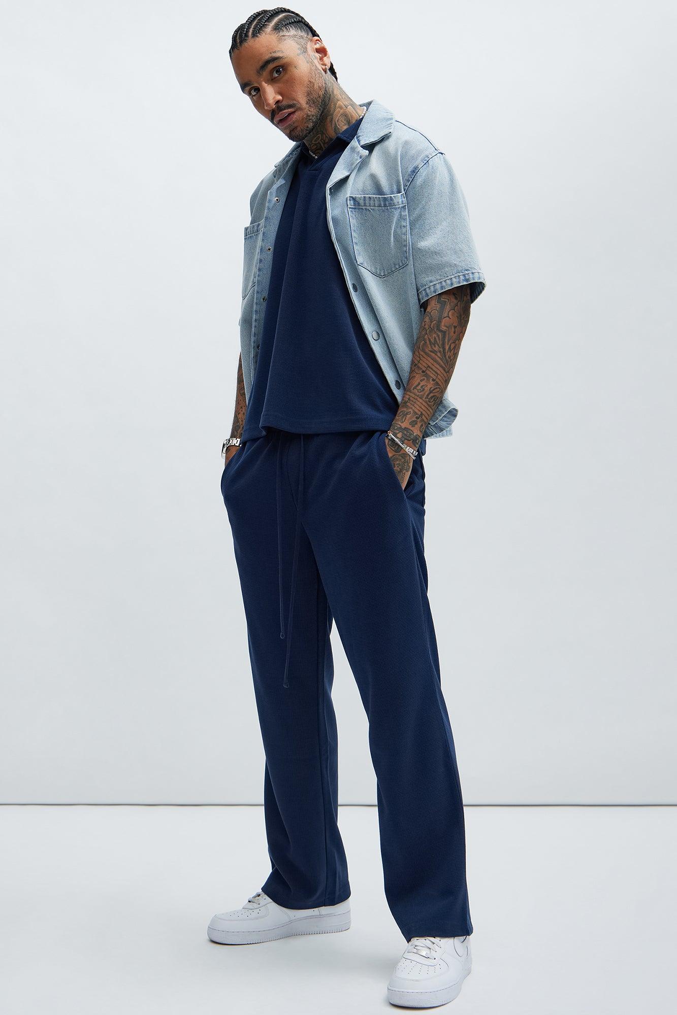 Cairo Textured Straight Pants - Navy Product Image