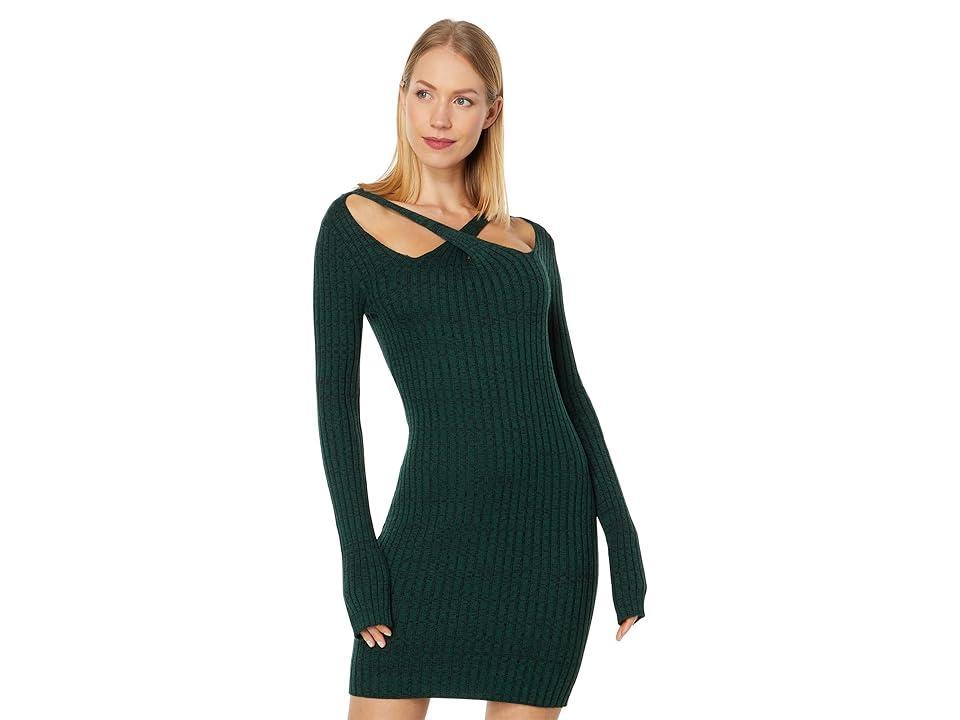 MONROW Cosmo Rib Sweaterdress w/ Crossover Neck (Deep Forest) Women's Clothing Product Image