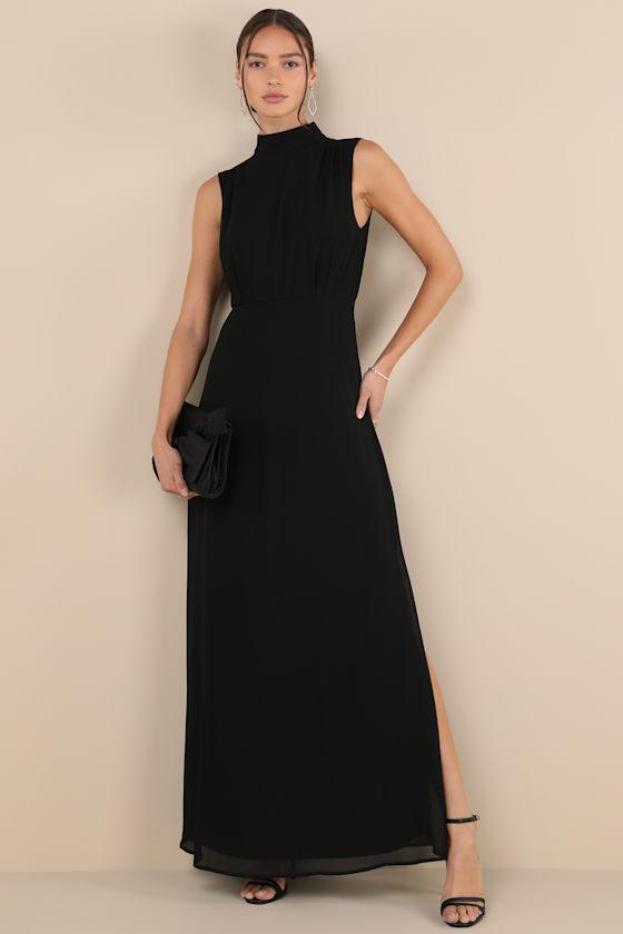 Classic Elegance Black Chiffon Sleeveless Mock Neck Maxi Dress Product Image