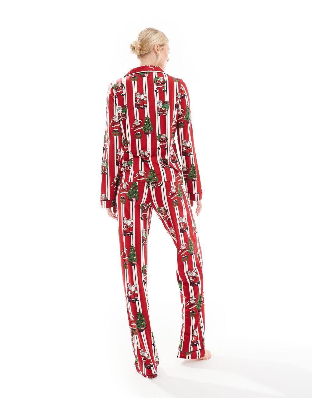 Chelsea Peers Tall poly Christmas His & Hers long sleeve revere and pants pajama set in vintage santa stripe print Product Image