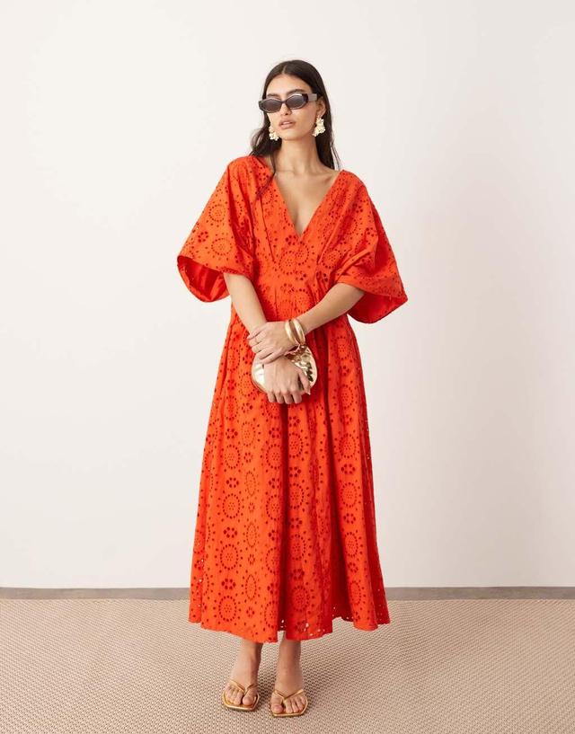 ASOS EDITION eyelet wide sleeve plunge midi dress in red Product Image