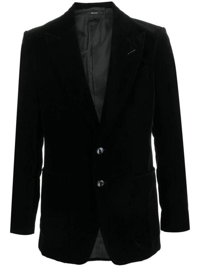 Velvet-effect Single-breasted Blazer In Blue Product Image