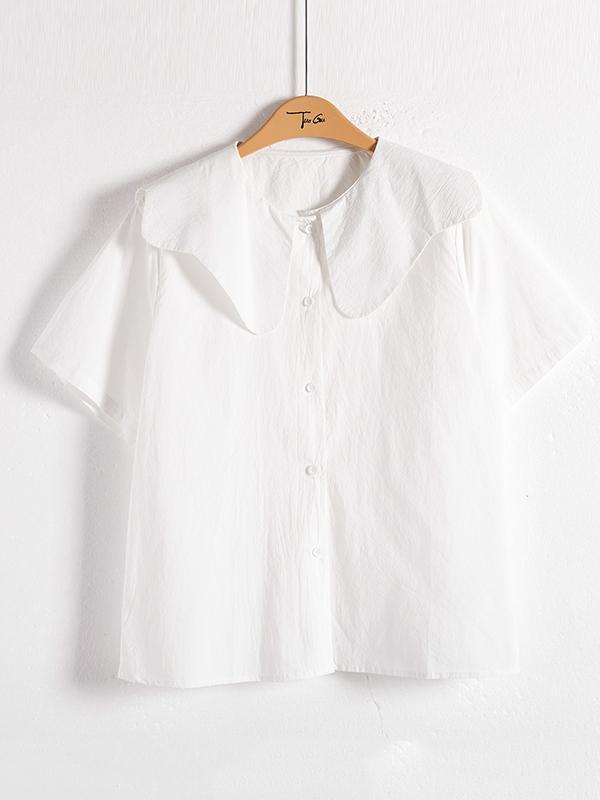 Loose Short Sleeves Solid Color Split-Joint Peter Pan Collar Blouses&Shirts Tops Product Image