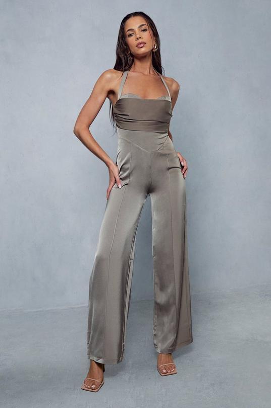 Satin Draped Bust Halterneck Straight Leg Jumpsuit  Product Image