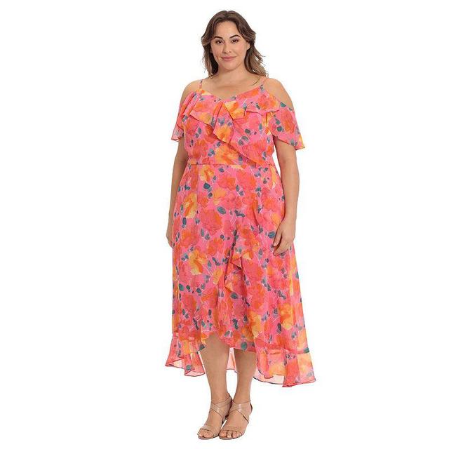 London Times Plus Size Watercolor Floral Print Chiffon V-Neck Ruffle Cold Shoulder Cap Sleeve Tulip Hem Faux Wrap Midi Dres Product Image