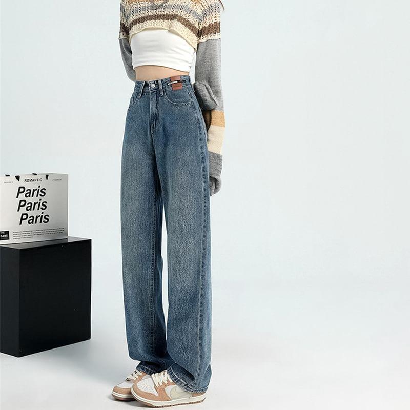 High Waist Washed Straight-Fit Wide-Leg Jeans Product Image