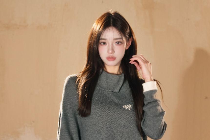 Turtleneck Mock Two-Piece Two Tone Asymmetrical Sweater Product Image