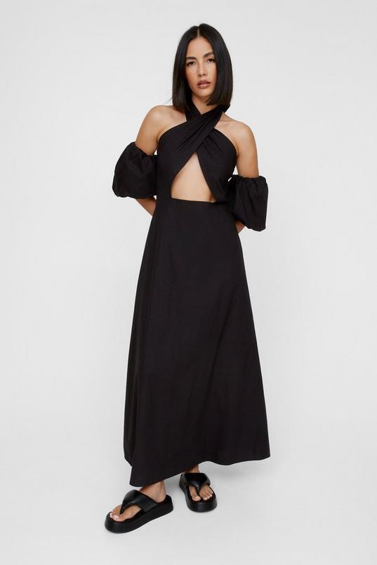 Halter Cut Out Puff Sleeve Maxi Dress Product Image