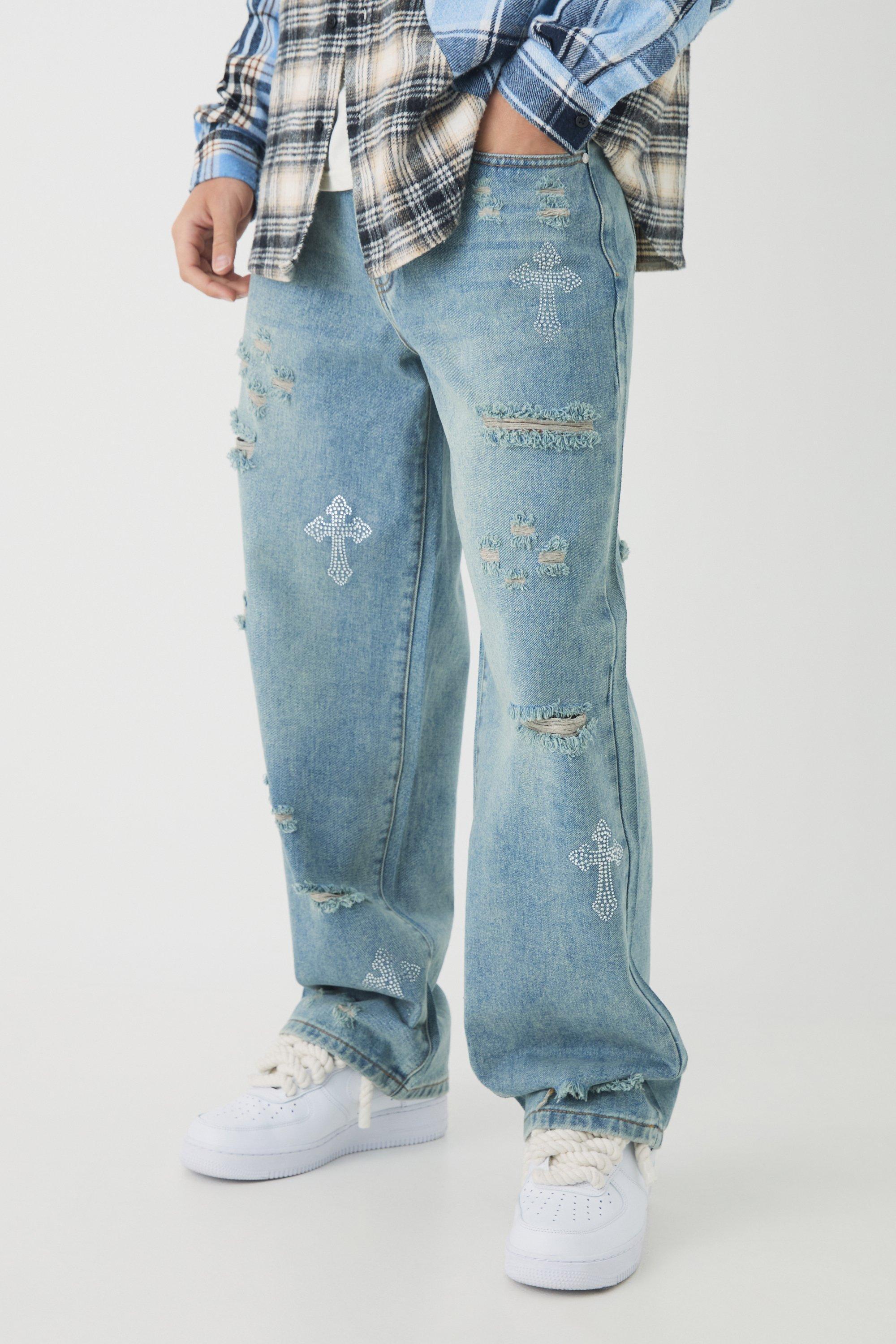 Relaxed Fit Rhinestone Cross Ripped Jeans | boohooMAN USA Product Image