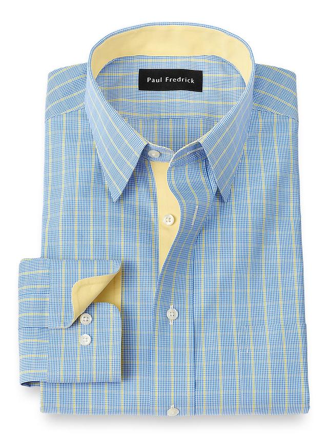 Non-Iron Cotton Tattersall Dress Shirt With Contrast Trim - Blue/yellow Product Image