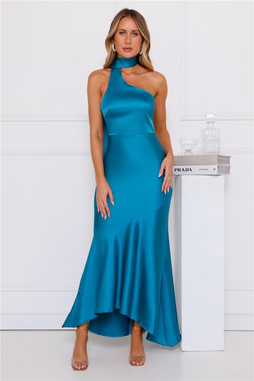 Graceful Influence Satin Halter Maxi Dress Teal Product Image