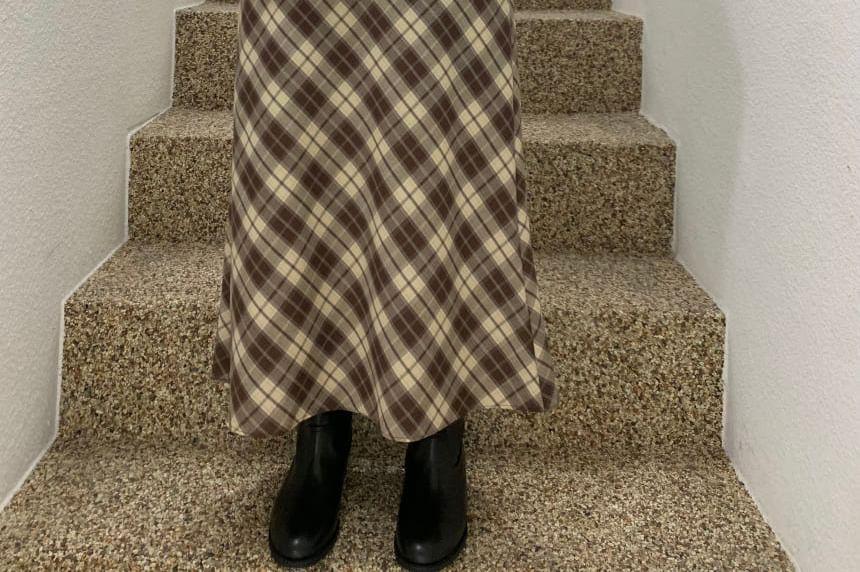 High Rise Plaid Midi A-Line Skirt Product Image