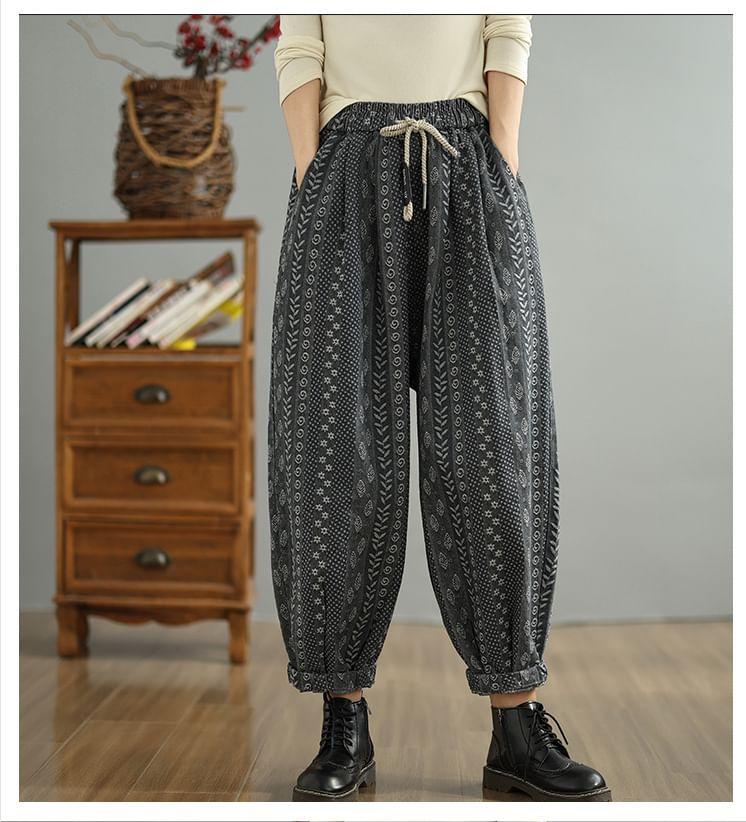 Drawstring Waist Patterned Cropped Baggy Pants Product Image