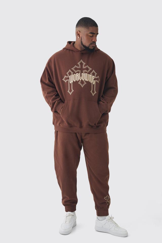 Plus Worldwide Gothic Cross Hoodie & Relaxed Fit Sweatpants Tracksuit | boohooMAN USA Product Image