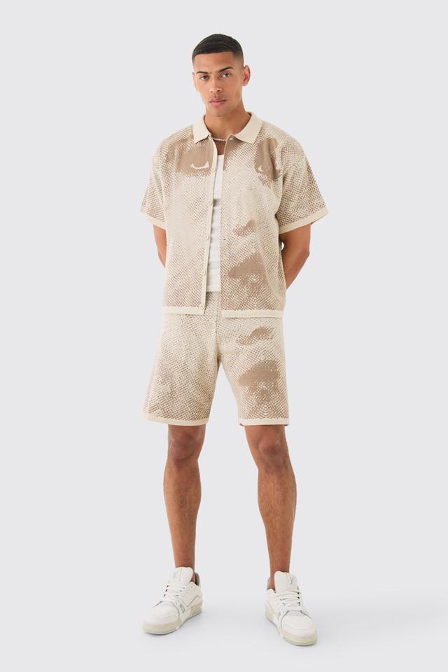 Boxy Face Jacquard Knitted Shirt And Short Set | boohooMAN USA Product Image