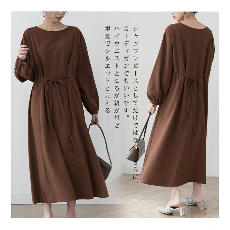 Long Sleeve Round Neck Plain Button Midi A-Line Dress Product Image