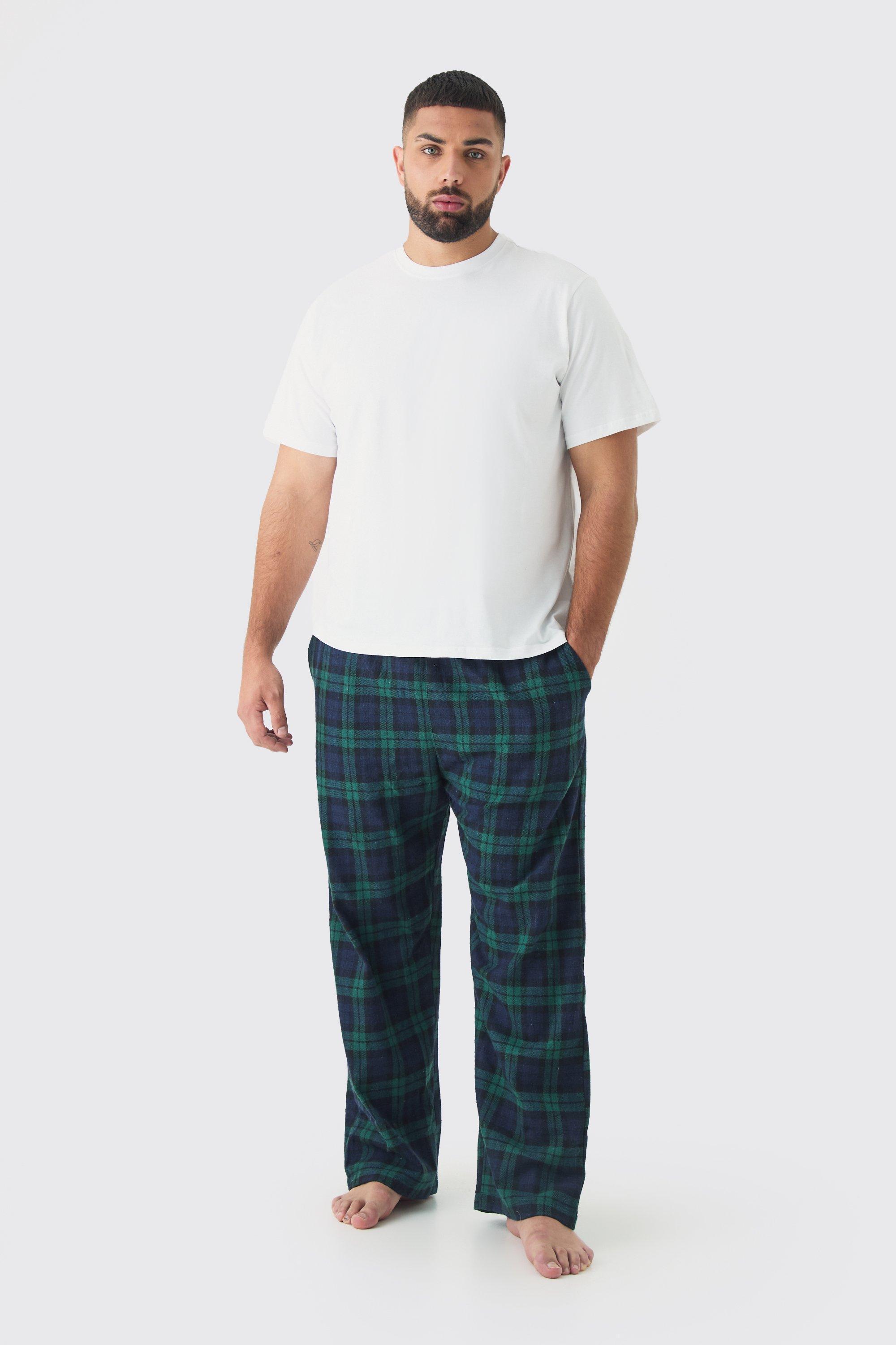 Mens Plus Brushed Check Loungewear Bottom and T-shirt Set in Green, Green Product Image