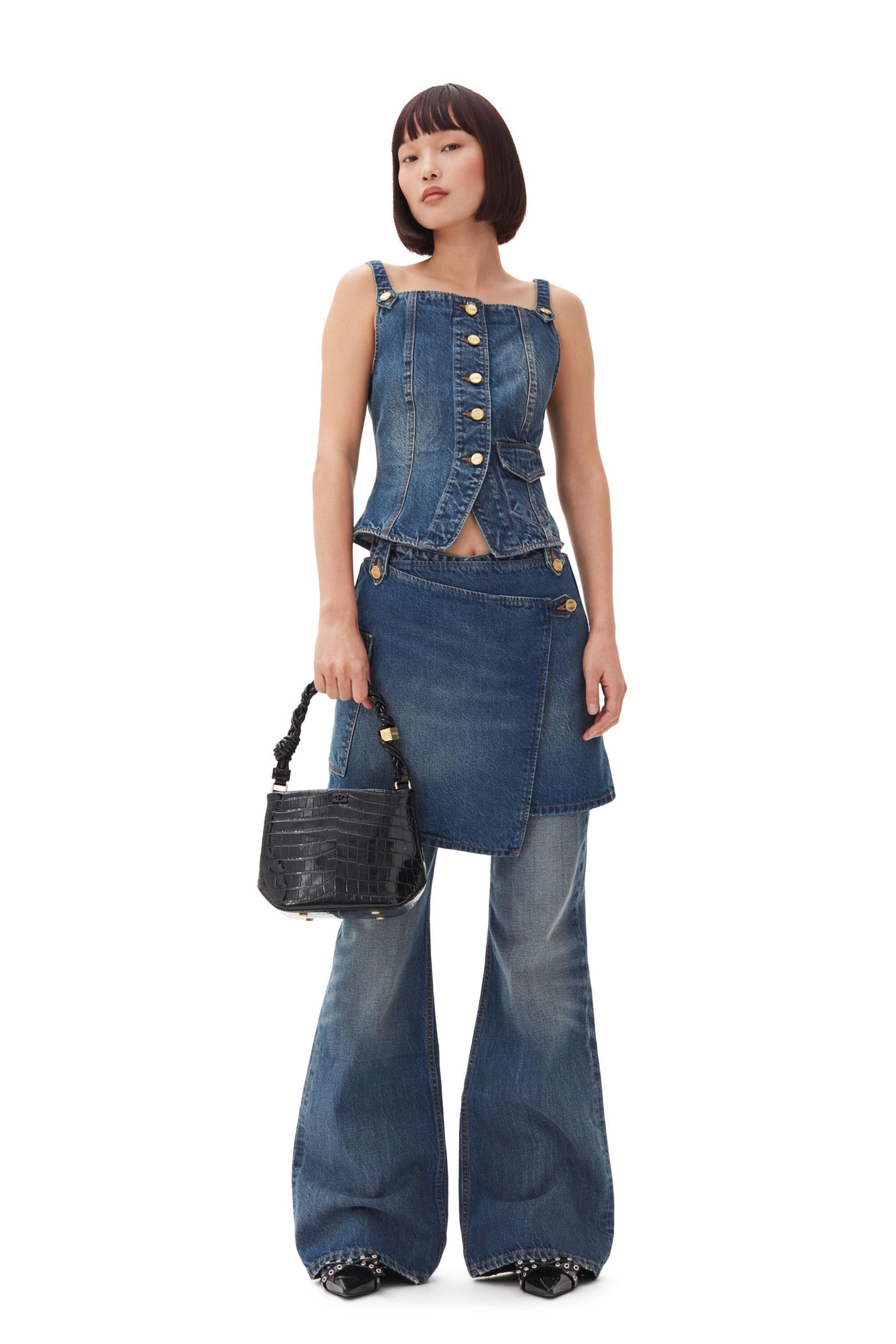 Dark Blue Heavy Washed Flared Skirt Jeans Product Image