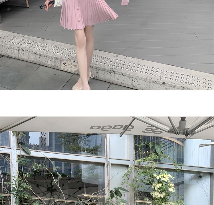 Long Sleeve Round Neck Plain Pleated Button Knit Mini A-Line Dress Product Image