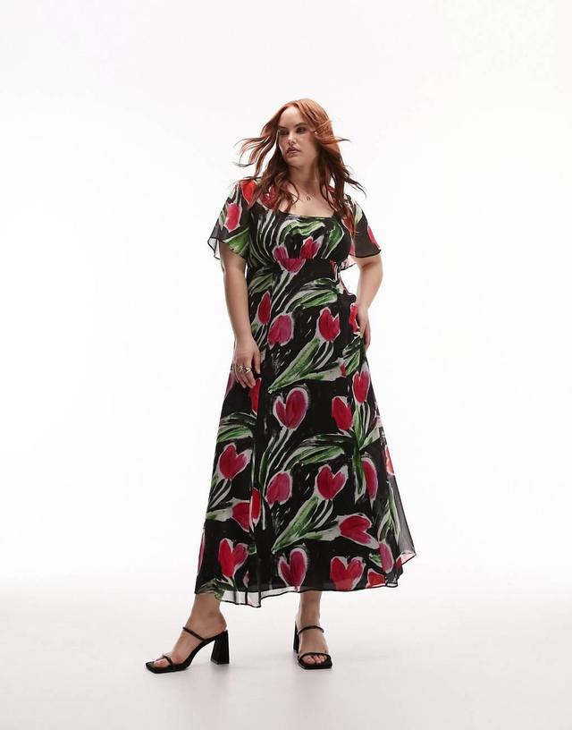 Topshop Curve printed floral midi tea dress in red and purple floral Product Image