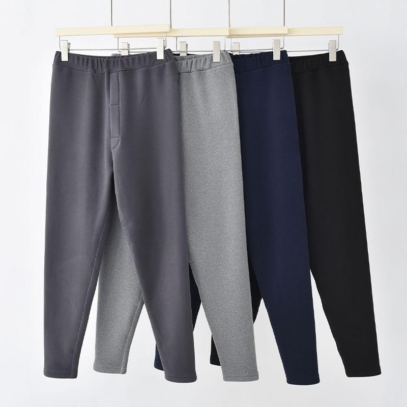 Elastic Waist Plain Fleece-Lined Straight Leg Pants Product Image