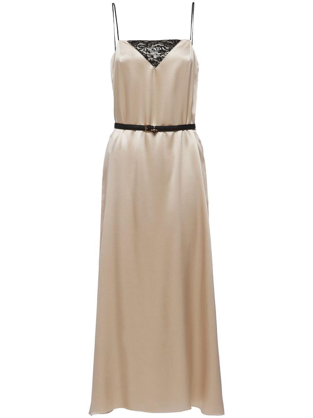 Crepe Satin Belted Dress In Beige Product Image