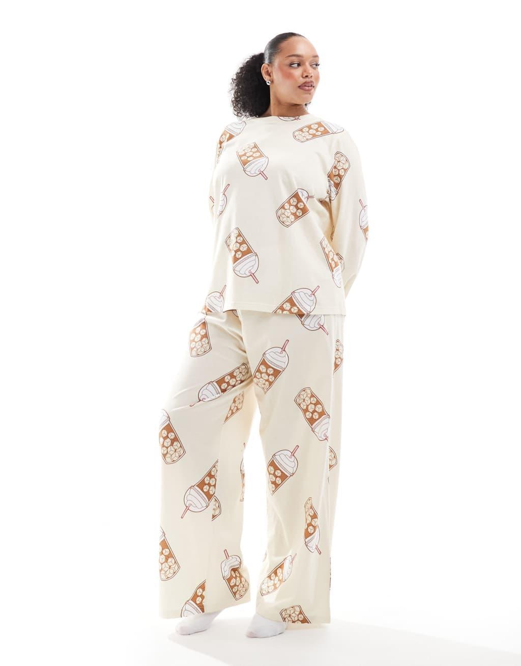 ASOS DESIGN Curve iced coffee long sleeve top and pants pajama set in beige Product Image