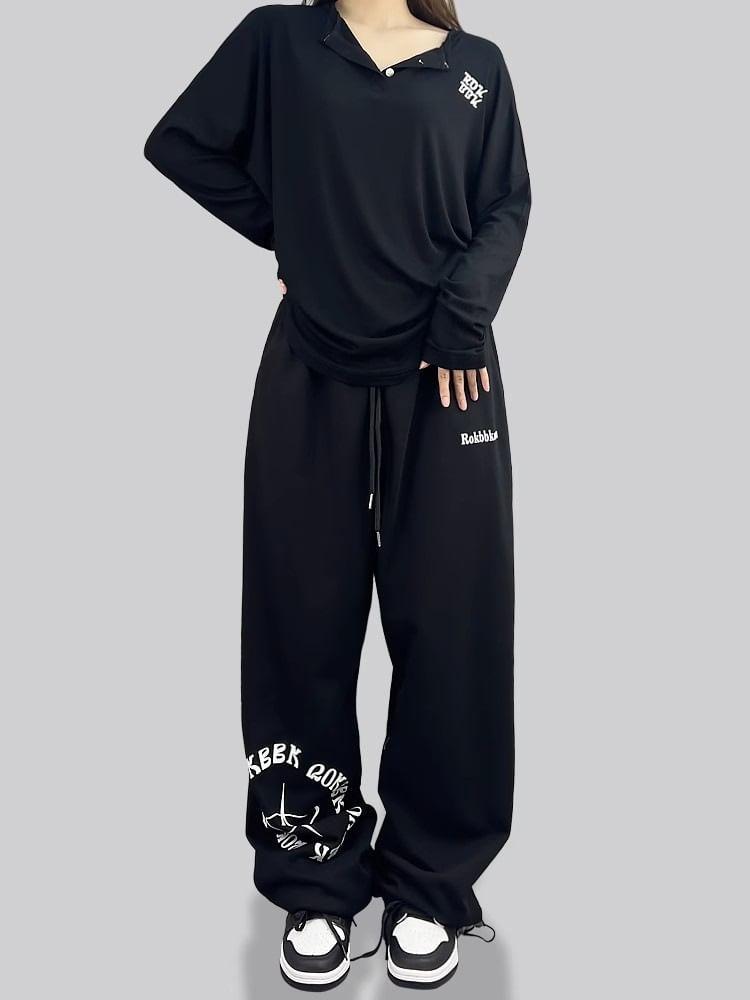 High Waist Graphic & Lettering Print Loose-Fit Wide-Leg Sweatpants Product Image