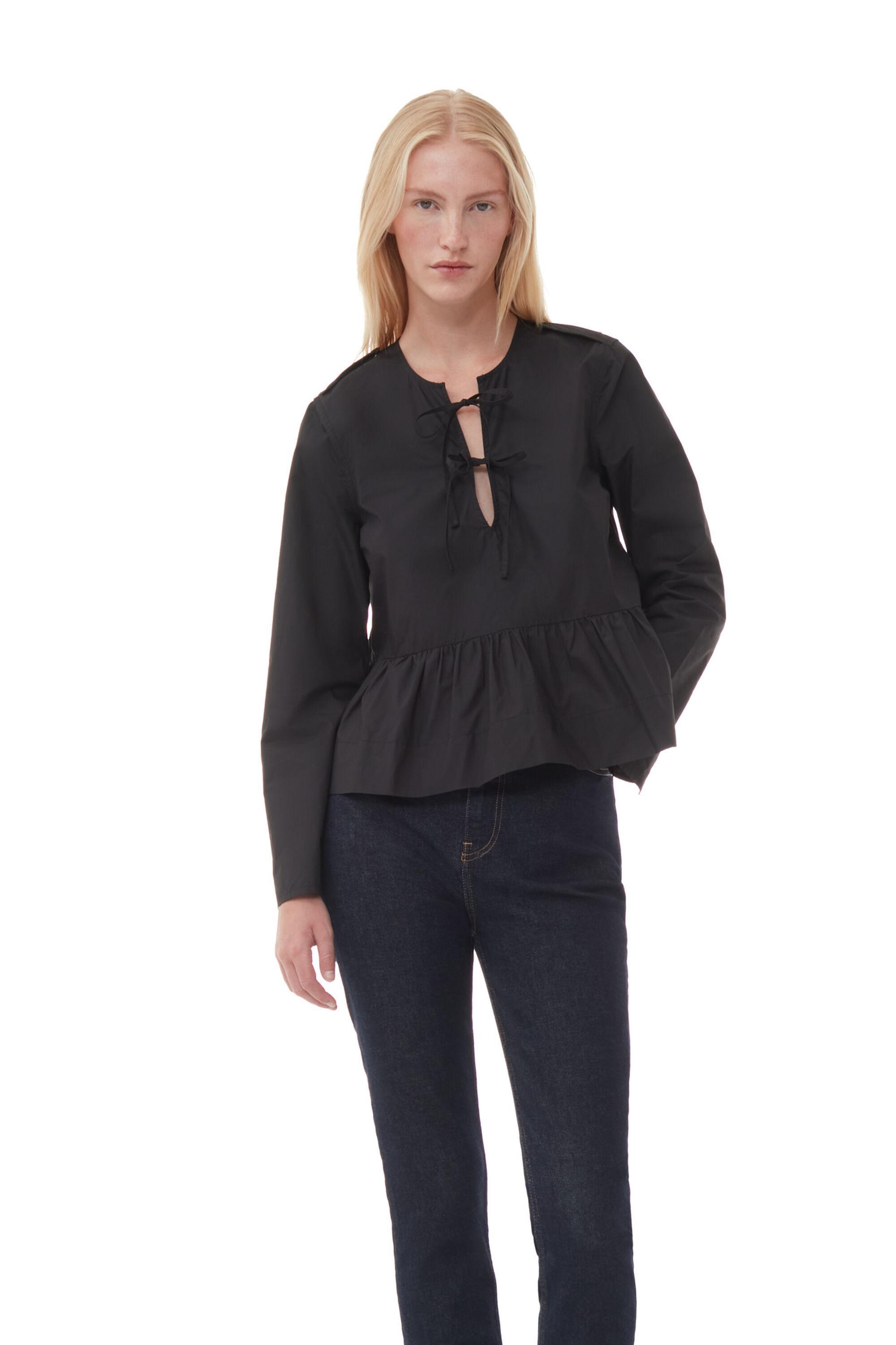 Black Cotton Poplin Tie String Peplum Blouse product image