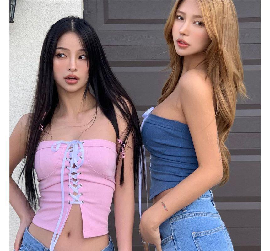 Lace-Up Plain Crop Tube Top Product Image