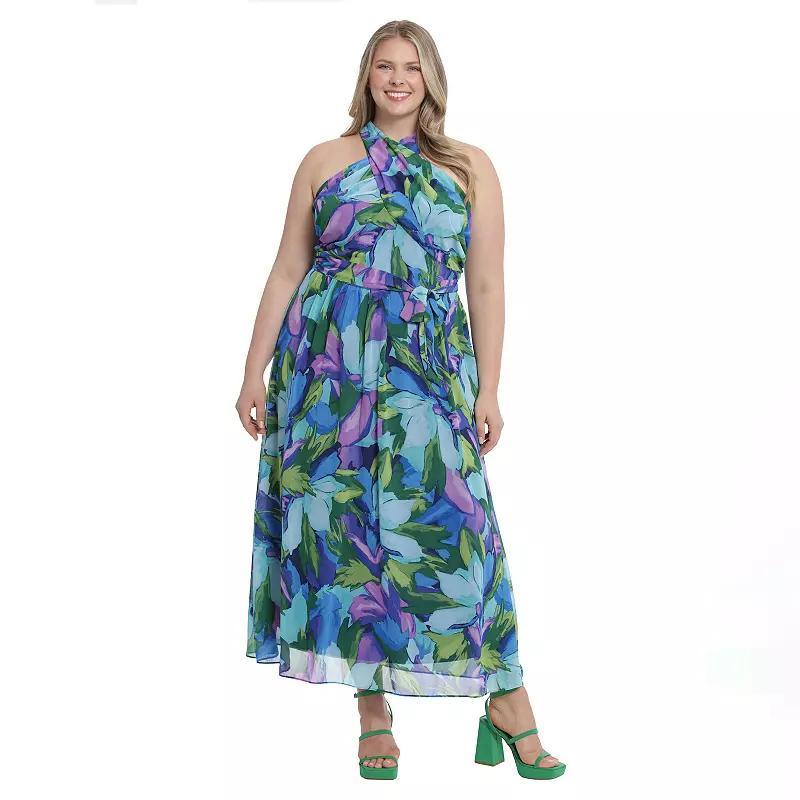 Plus Size London Times Floral Wrap Halter Maxi Dress, Womens Blue Royal Product Image