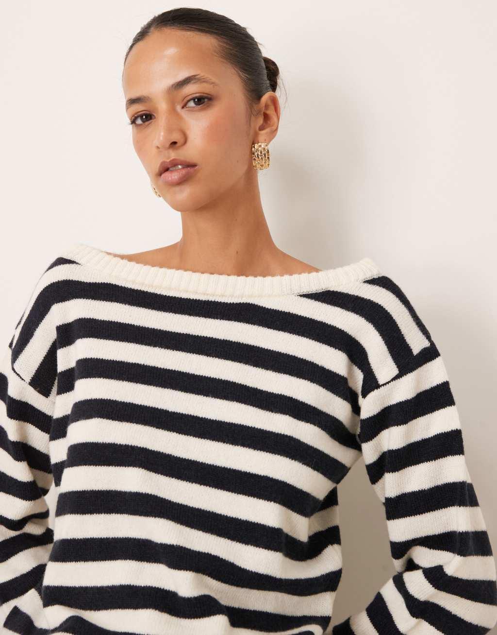 ASOS DESIGN one shoulder sweater in black and ecru product image