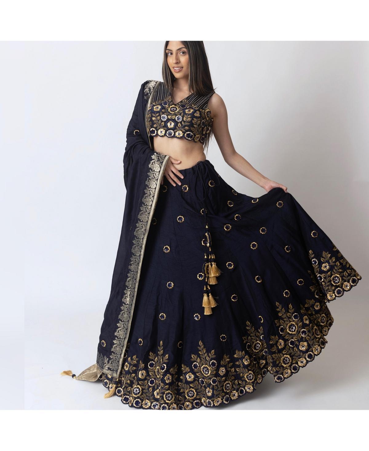 Raas Womens Blue and Gold Hand Embroidered Raw Silk Lehenga Choli Product Image