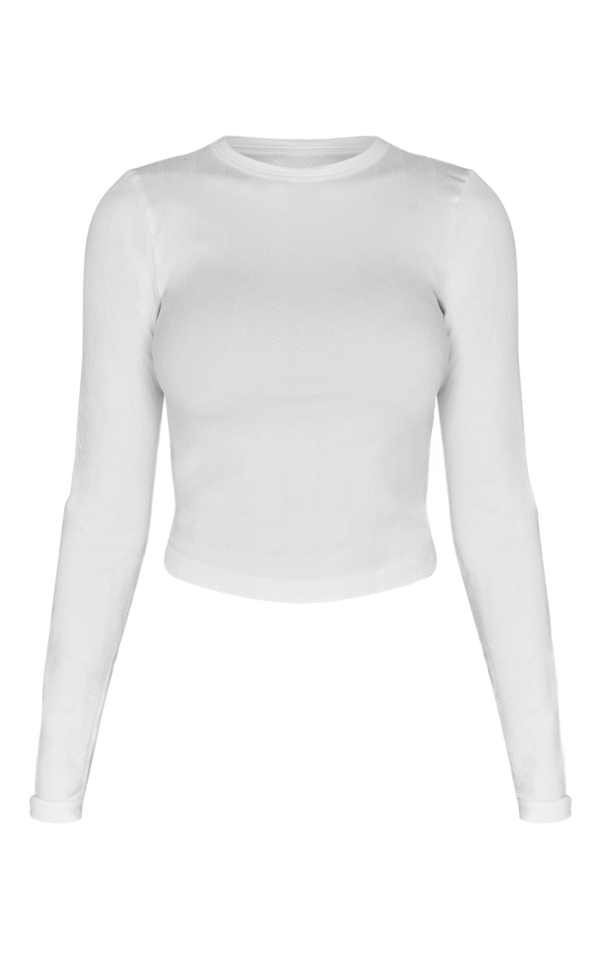 White Contour Pointelle Crew Neck Long Sleeve Top Product Image