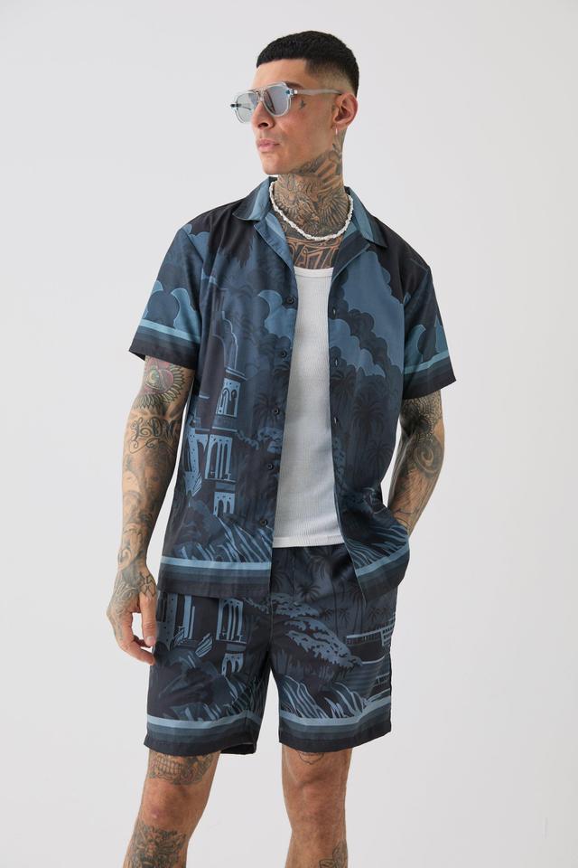 Tall Regular Landscape Grayscale Print Shirt & Swim Short Set | boohooMAN USA Product Image