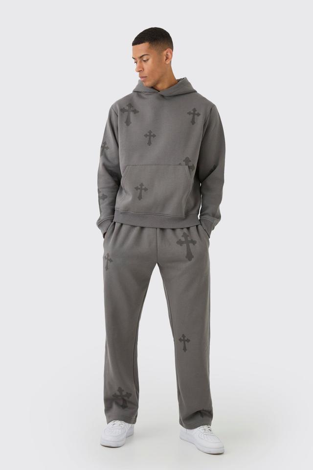 Regular Fit Cross Printed Hooded Tracksuit | boohooMAN USA Product Image