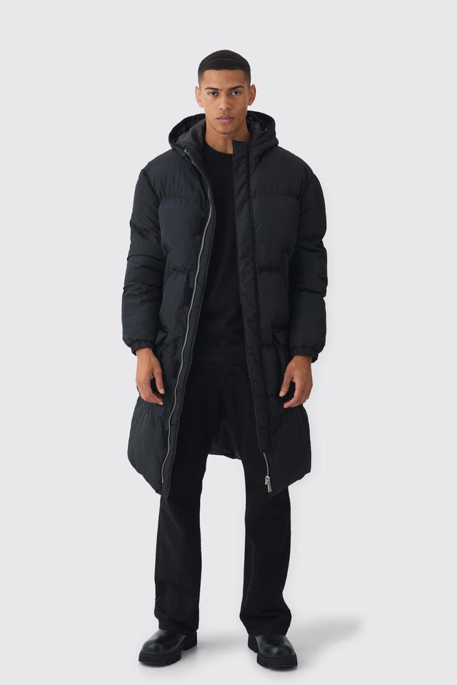 Mens 4 Pocket Longline Hooded Puffer In Black, Black Product Image