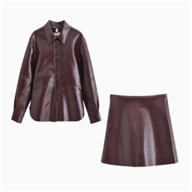 Long-Sleeve Plain Faux Leather Shirt / High Waist Mini A-Line Skirt Product Image