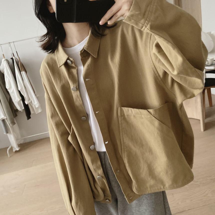 Long Sleeve Collared Plain Cargo Shirt Product Image