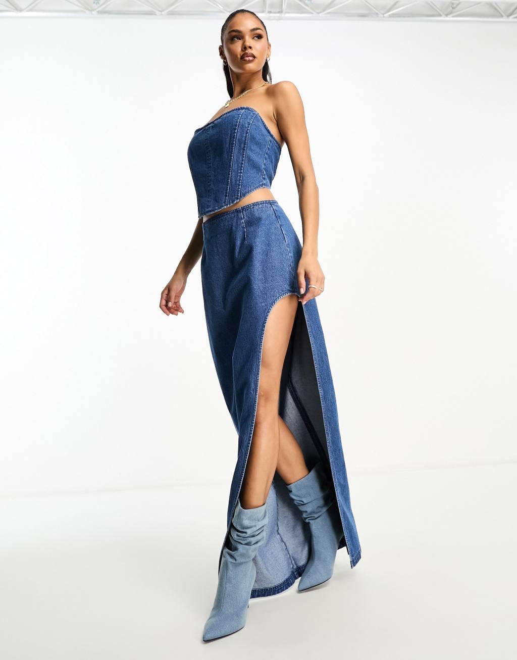 AFRM nadia denim maxi skirt in midwash blue with high rise slit - part of a set Product Image