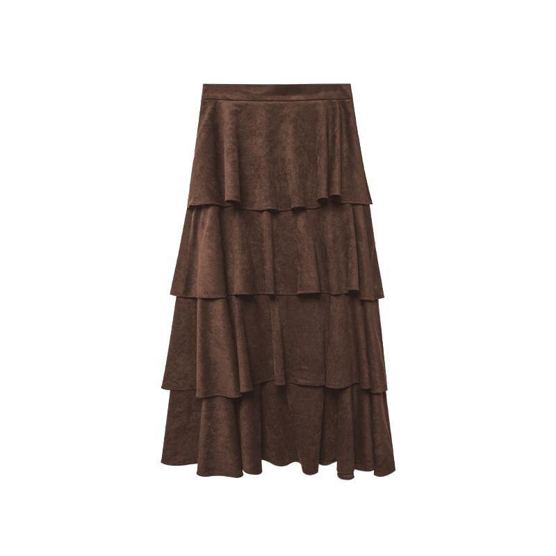 High Rise Plain Tiered A-Line Maxi Skirt Product Image