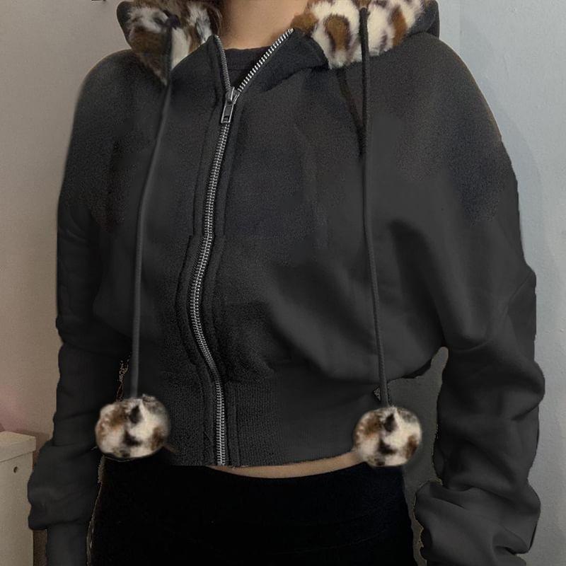 Long Sleeve Leopard Print Furry-Trim Zip-Up Hooded Jacket Product Image