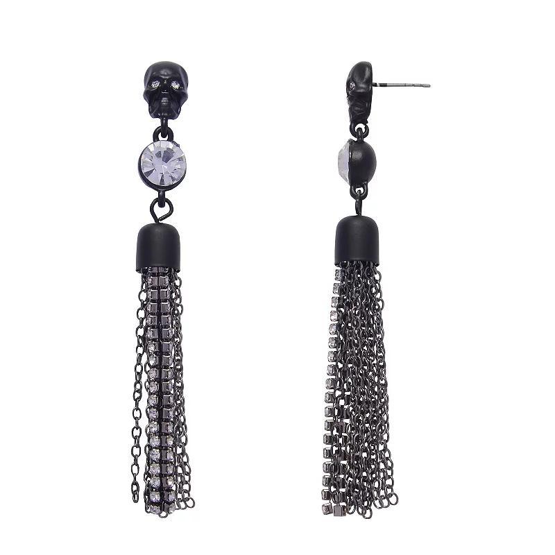 Emberly Black Skull Crystal, Hematite & Rhinestone Chains Linear Earrings, Womens Product Image