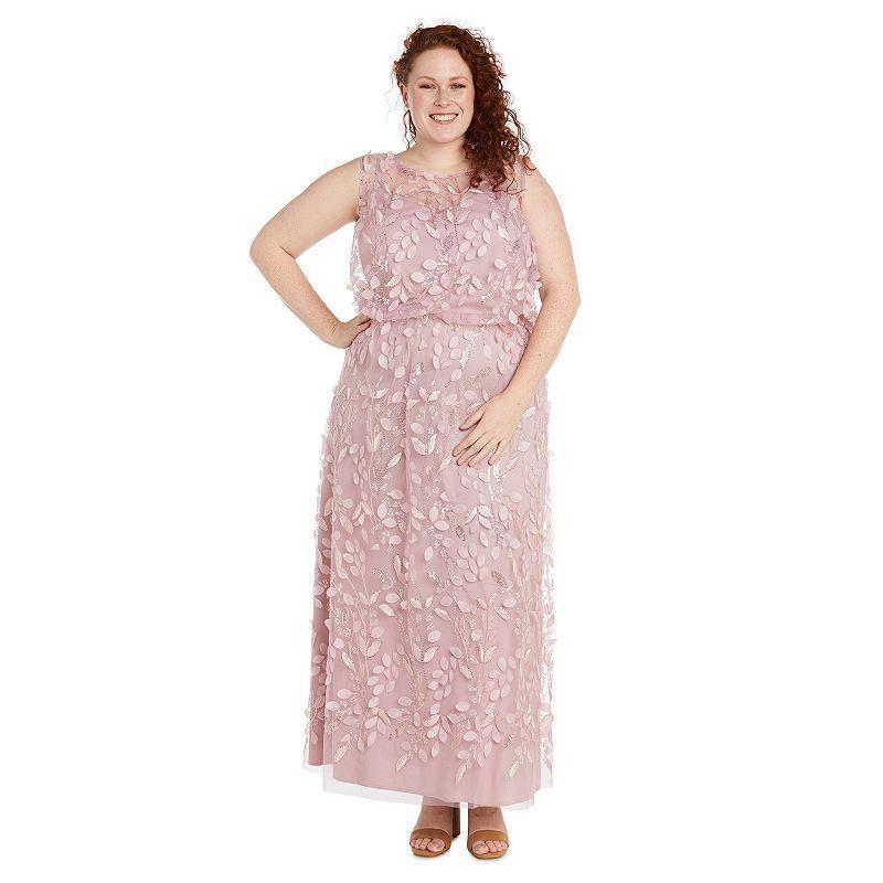 Plus Size R&M Richards 3D Embroidered Leaf Mesh Blouson Evening Gown, Womens Pink Product Image