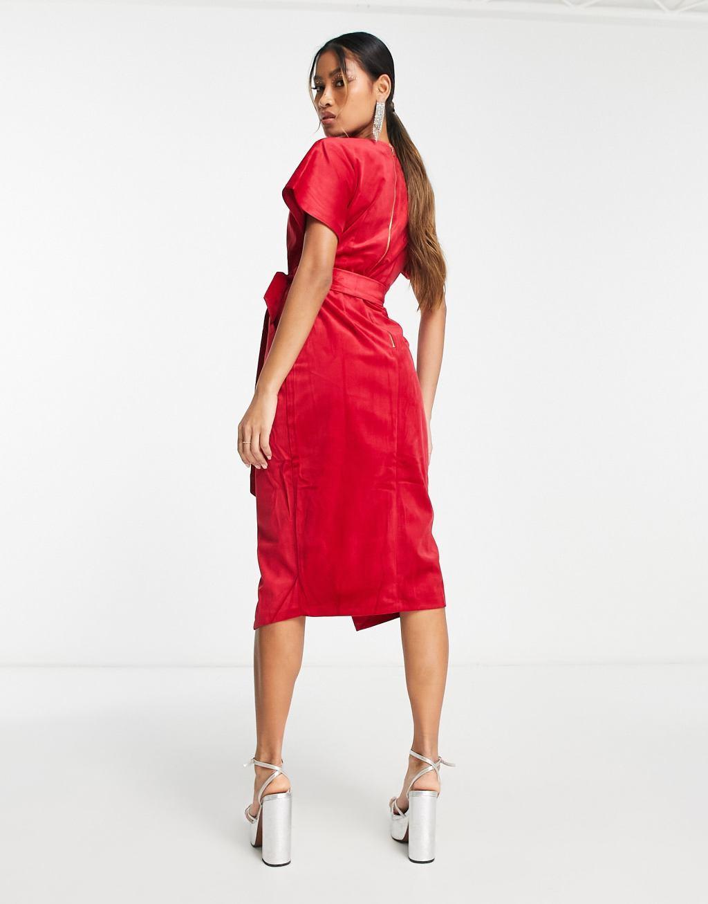 Closet London kimono sleeve velvet midi dress with wrap tie in red Product Image