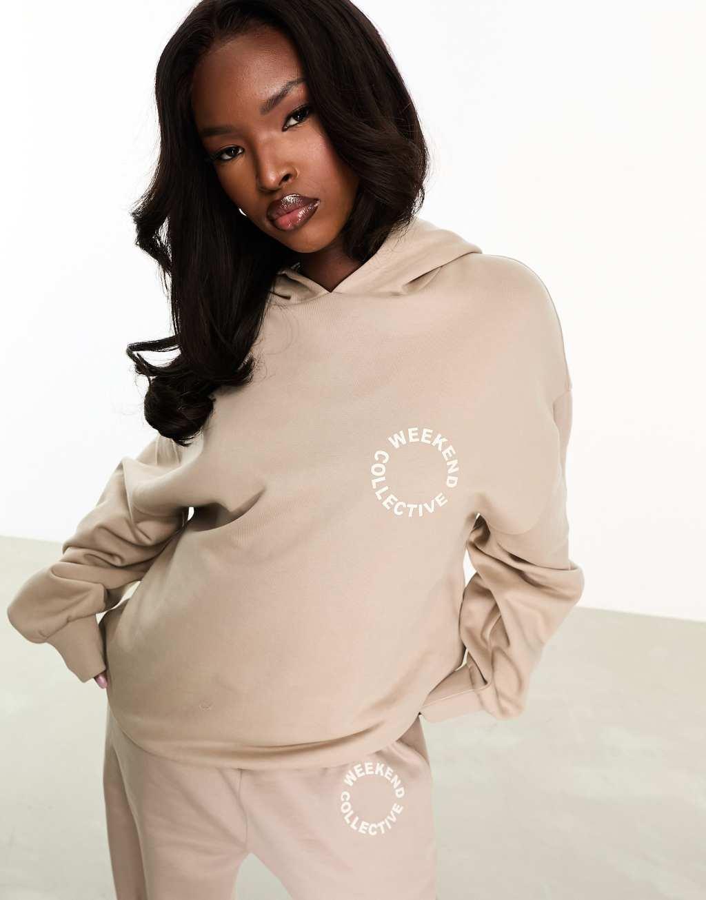 ASOS Weekend Collective oversized hoodie with back logo in camel - part of a set Product Image